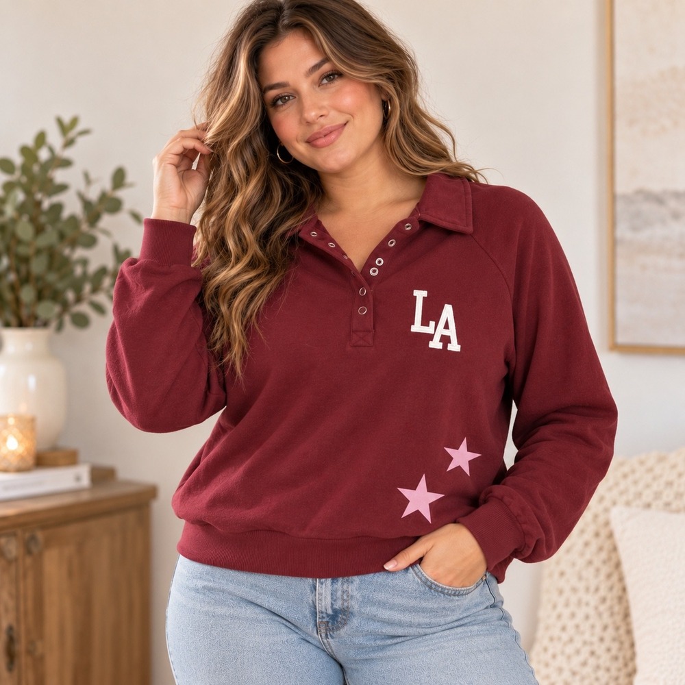 Zoe + Liv Los Angeles 98 Polo Sweatshirt Tawny Port Burgundy L Large NWT